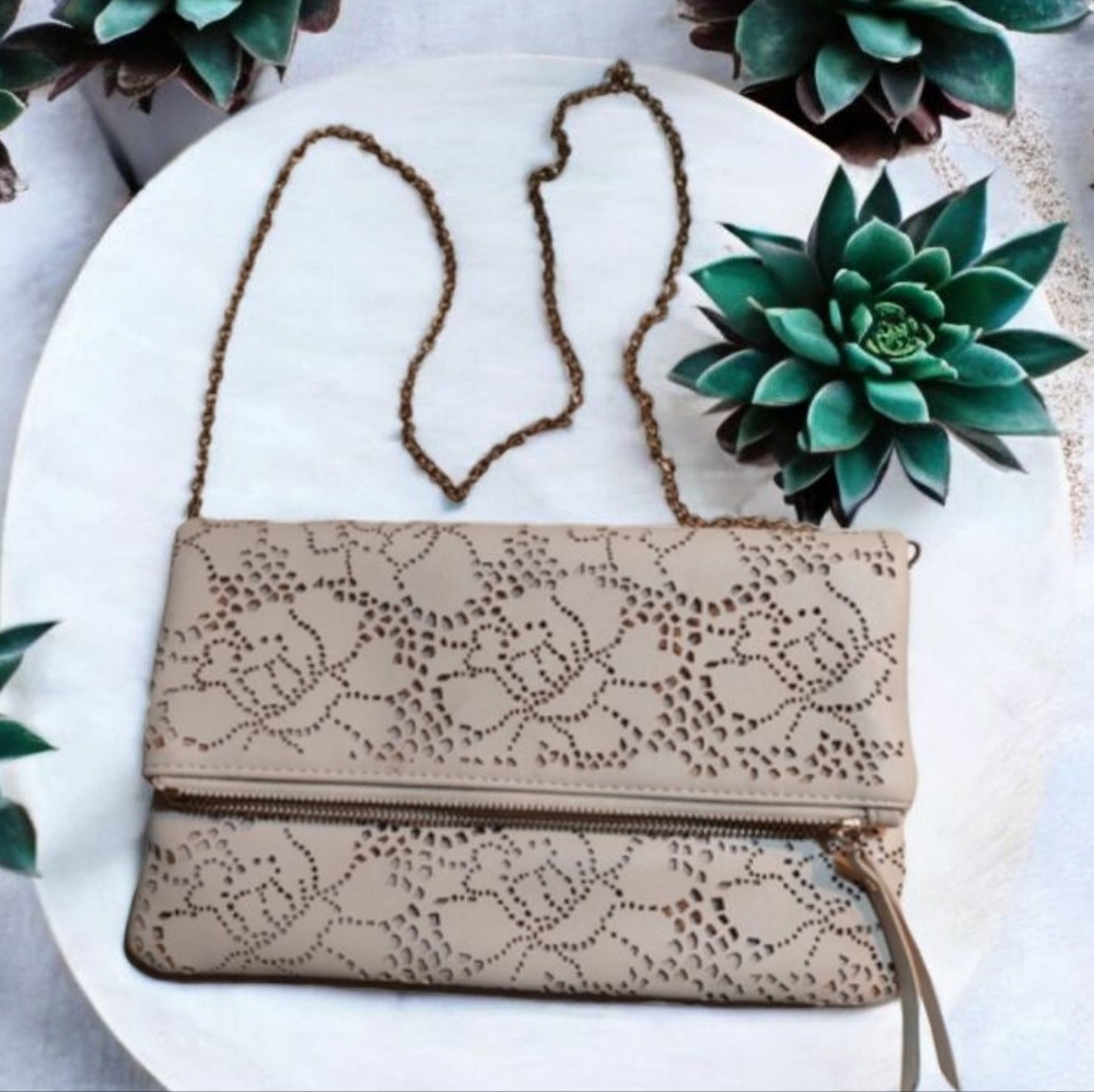 Urban Expressions Chain Shoulder Purse Floral Perforated Cream White